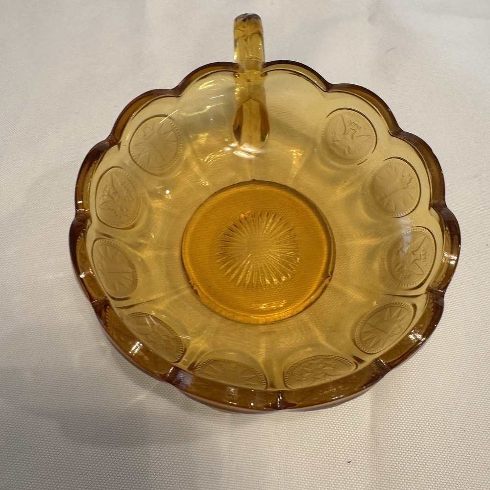 Vintage Fostoria L.E. Smith Amber Yellow Coin‎ Glass Nappy Dish with Handle